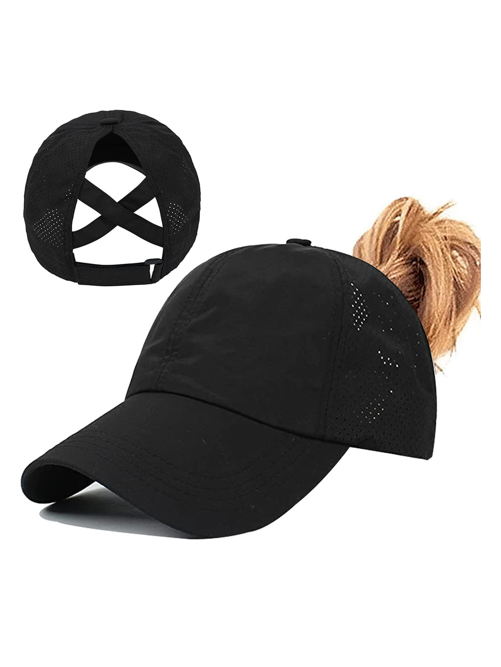 Womens Ponytail Hat Baseball Cap, Adjustable Criss Cross | Zblack | Size OS